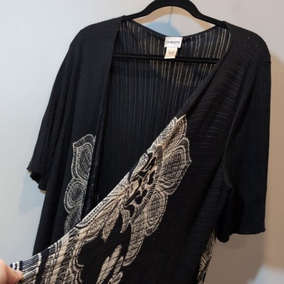 Vintage Chicos Damask Modal Cardigan Open Flyaway Front Short Sleeve Ribbed Knit - Picture 15 of 17